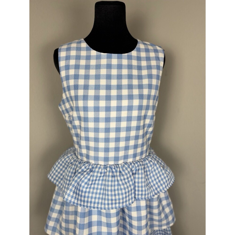 English Factory Blue Gingham Tiered Ruffle Dress Size M Fit & Flare Lined - Picture 3 of 14